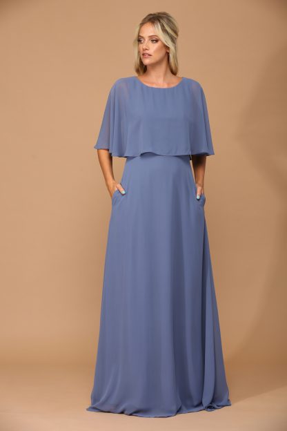 3348-Long Chiffon Gown With Cape Overlay and Pockets - Image 2