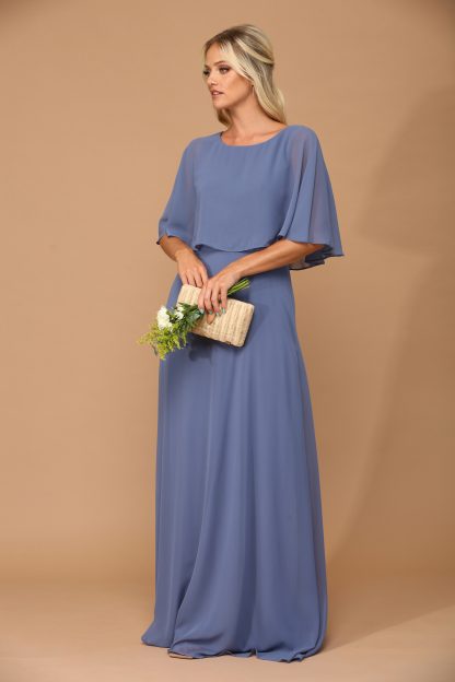 3348-Long Chiffon Gown With Cape Overlay and Pockets - Image 3