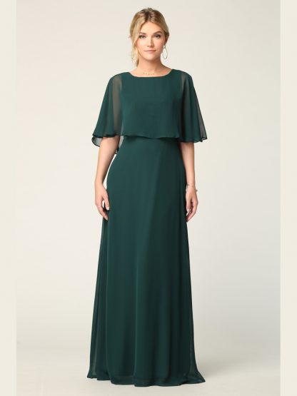 3348-Long Chiffon Gown With Cape Overlay and Pockets - Image 5