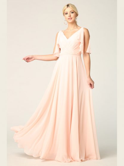 3345 - V-Neck Long Chiffon Gown With Flutter Sleeves - Image 16