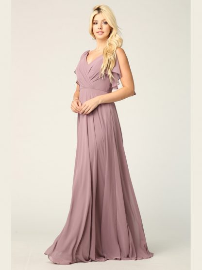 3345 - V-Neck Long Chiffon Gown With Flutter Sleeves - Image 13