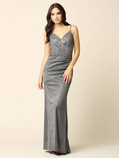 3358 - Long Fitted Glittery Gown with Ruching Detail - Image 4