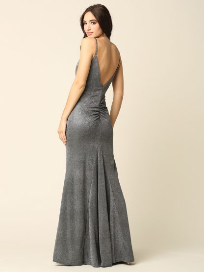 3358 - Long Fitted Glittery Gown with Ruching Detail - Image 5