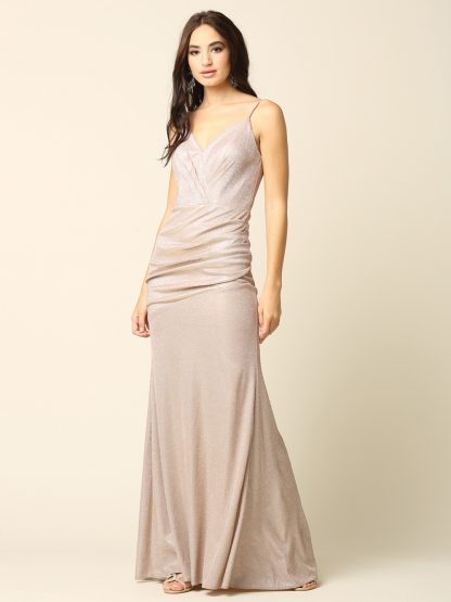 3358 - Long Fitted Glittery Gown with Ruching Detail - Image 2
