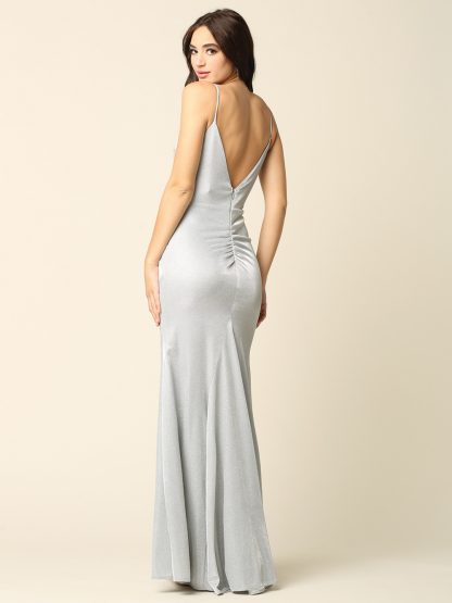 3358 - Long Fitted Glittery Gown with Ruching Detail