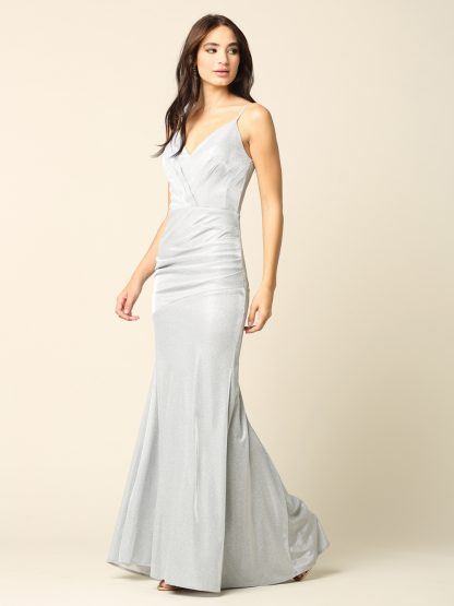 3358 - Long Fitted Glittery Gown with Ruching Detail - Image 6