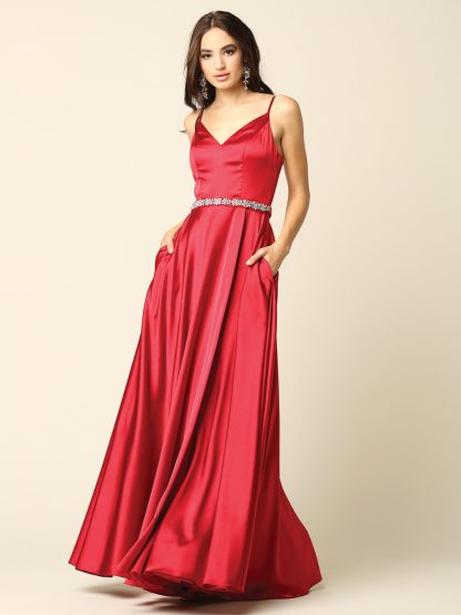 3359 - V-Neck Spaghetti Strap A-Line Slit Gown with Stone Belt & Pockets - Image 4
