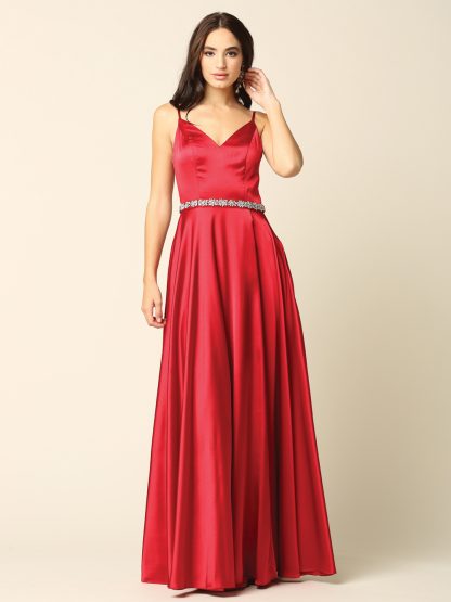 3359 - V-Neck Spaghetti Strap A-Line Slit Gown with Stone Belt & Pockets - Image 5
