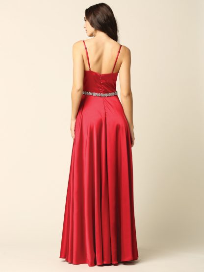 3359 - V-Neck Spaghetti Strap A-Line Slit Gown with Stone Belt & Pockets - Image 6