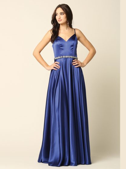 3359 - V-Neck Spaghetti Strap A-Line Slit Gown with Stone Belt & Pockets - Image 9