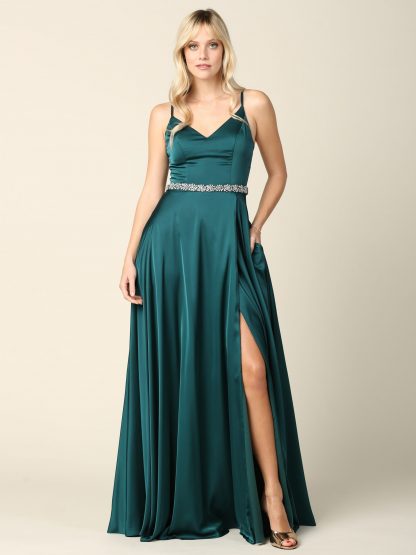 3359 - V-Neck Spaghetti Strap A-Line Slit Gown with Stone Belt & Pockets - Image 7