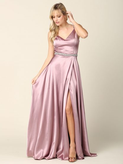 3359 - V-Neck Spaghetti Strap A-Line Slit Gown with Stone Belt & Pockets - Image 10