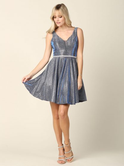 3370 - Mini Metallic Belted A-Line Gown - Image 5