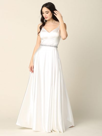 3359 - V-Neck Spaghetti Strap A-Line Slit Gown with Stone Belt & Pockets - Image 12