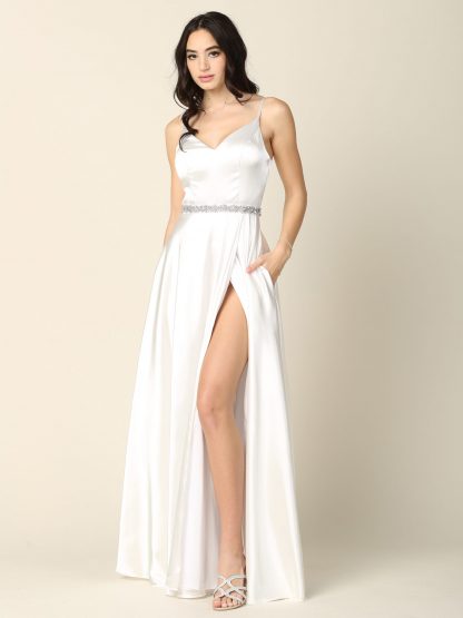 3359 - V-Neck Spaghetti Strap A-Line Slit Gown with Stone Belt & Pockets - Image 11