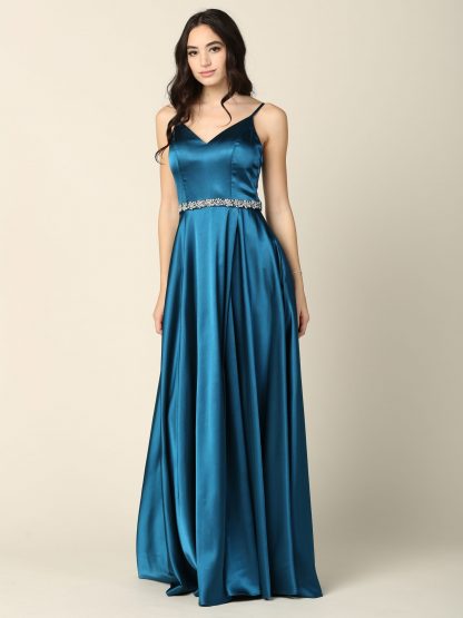3359 - V-Neck Spaghetti Strap A-Line Slit Gown with Stone Belt & Pockets - Image 13
