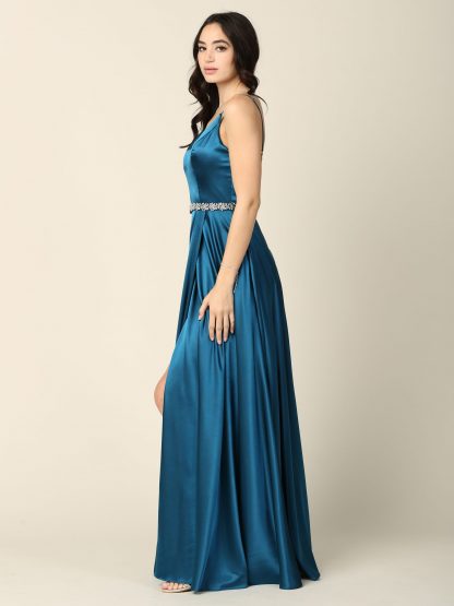 3359 - V-Neck Spaghetti Strap A-Line Slit Gown with Stone Belt & Pockets - Image 14