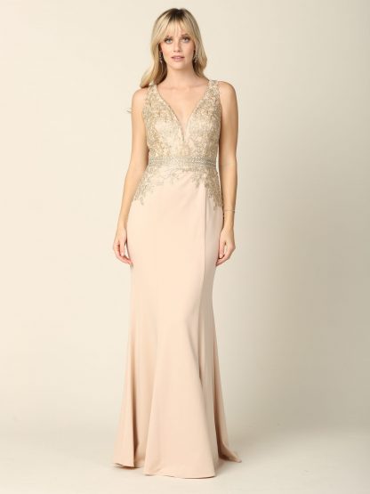5225 - Embroidered Sleeveless V-Neck Micro Roma Gown - Image 3
