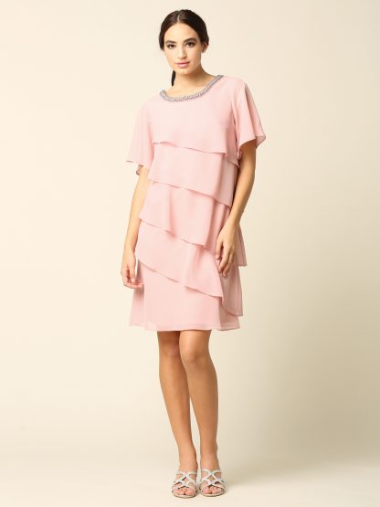 3361 - Knee Length Pebble Georgette Ruffled Layer Dress with Trim - Image 9