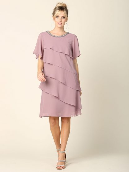 3361 - Knee Length Pebble Georgette Ruffled Layer Dress with Trim - Image 3