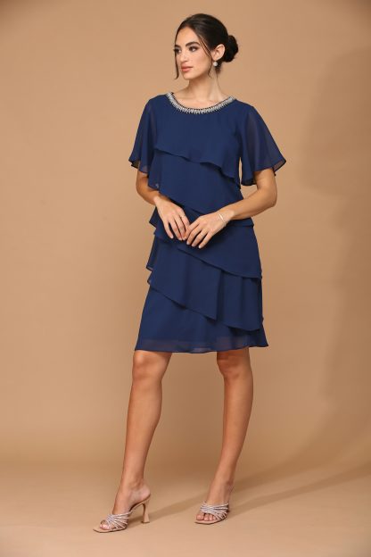 3361 - Knee Length Pebble Georgette Ruffled Layer Dress with Trim