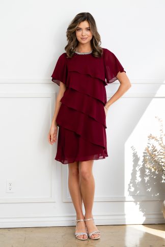 3361 - Knee Length Pebble Georgette Ruffled Layer Dress with Trim