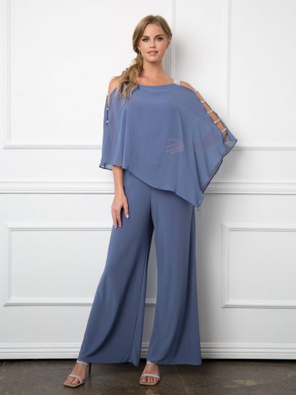 3381- Stretch Jersey Jumpsuit with Attached Chiffon Cape Overlay - Image 3