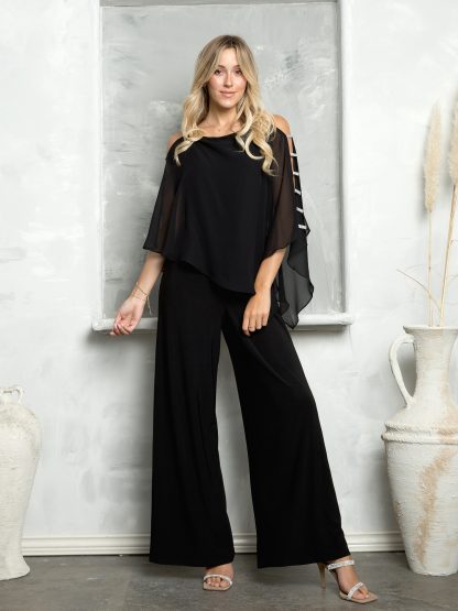 3381- Stretch Jersey Jumpsuit with Attached Chiffon Cape Overlay