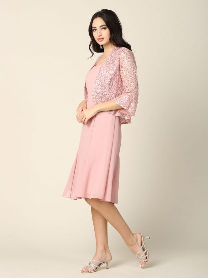 3385 - 2PC Knee Length Pebble Georgette A-Line Dress with Sequin Lace Jacket Set - Image 4