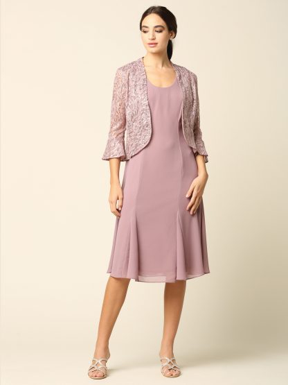3385 - 2PC Knee Length Pebble Georgette A-Line Dress with Sequin Lace Jacket Set - Image 12