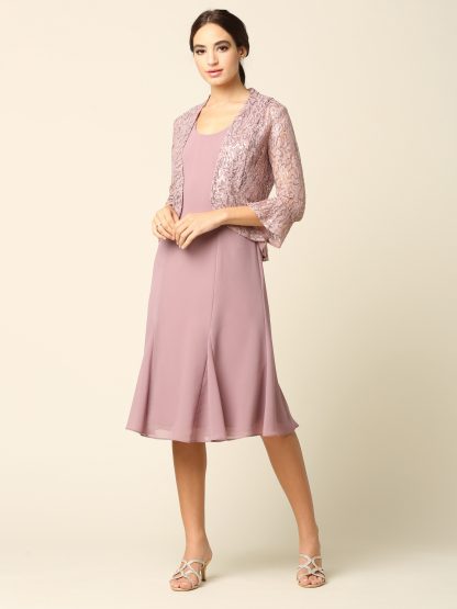 3385 - 2PC Knee Length Pebble Georgette A-Line Dress with Sequin Lace Jacket Set - Image 10
