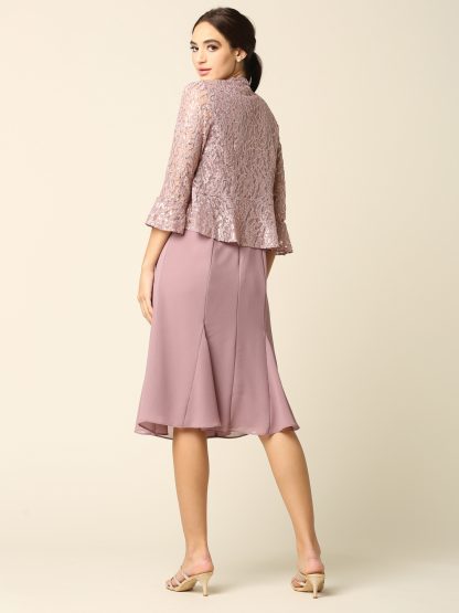 3385 - 2PC Knee Length Pebble Georgette A-Line Dress with Sequin Lace Jacket Set - Image 11