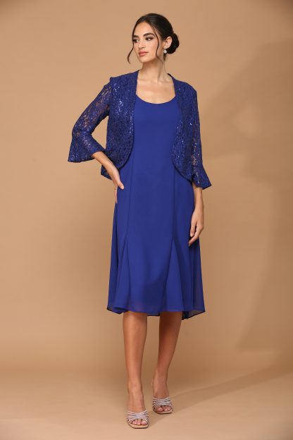 3385 - 2PC Knee Length Pebble Georgette A-Line Dress with Sequin Lace Jacket Set - Image 2