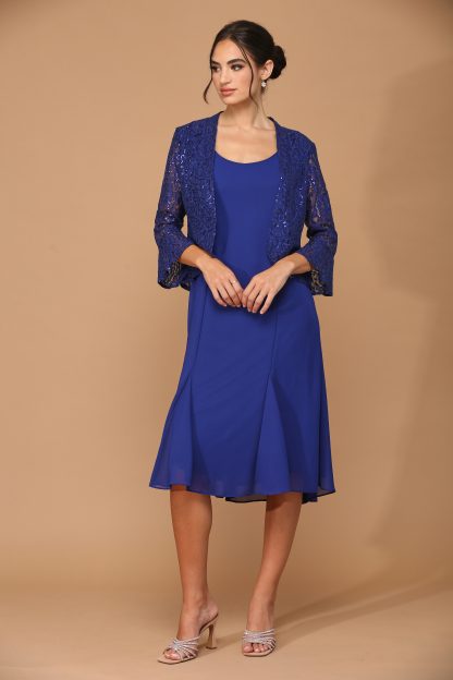 3385 - 2PC Knee Length Pebble Georgette A-Line Dress with Sequin Lace Jacket Set