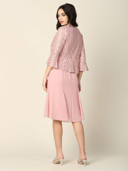 3385 - 2PC Knee Length Pebble Georgette A-Line Dress with Sequin Lace Jacket Set - Image 5