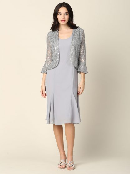3385 - 2PC Knee Length Pebble Georgette A-Line Dress with Sequin Lace Jacket Set - Image 9