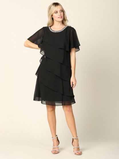 3361 - Knee Length Pebble Georgette Ruffled Layer Dress with Trim - Image 6