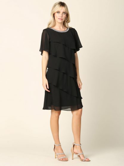 3361 - Knee Length Pebble Georgette Ruffled Layer Dress with Trim - Image 7