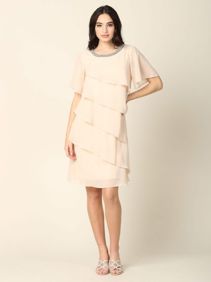 3361 - Knee Length Pebble Georgette Ruffled Layer Dress with Trim - Image 11