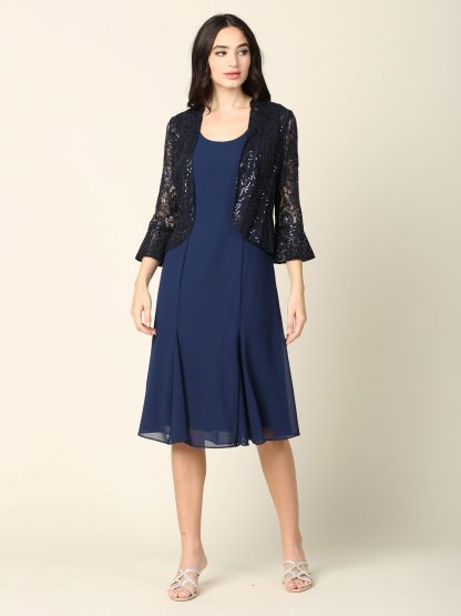 3385 - 2PC Knee Length Pebble Georgette A-Line Dress with Sequin Lace Jacket Set - Image 7