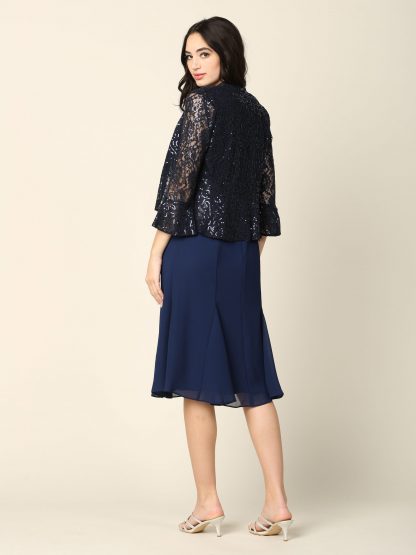 3385 - 2PC Knee Length Pebble Georgette A-Line Dress with Sequin Lace Jacket Set - Image 8