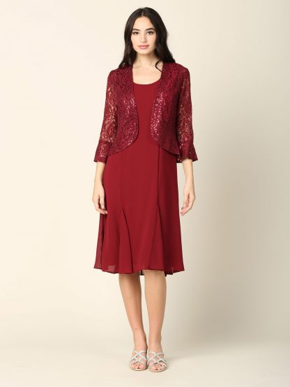 3385 - 2PC Knee Length Pebble Georgette A-Line Dress with Sequin Lace Jacket Set - Image 6