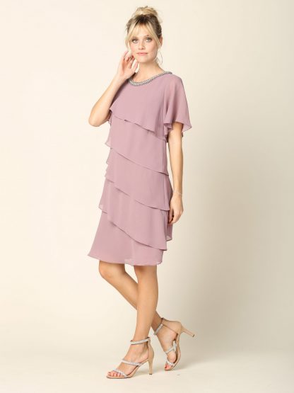 3361 - Knee Length Pebble Georgette Ruffled Layer Dress with Trim - Image 4