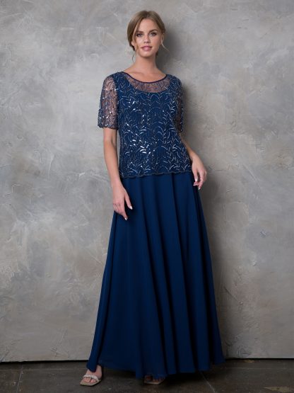 3389 - Detail Beaded 1/2 Sleeve Mama Chiffon Dress with Back Zipper