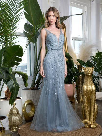 5231 - Fit And Flare Tulle Gown With Stone Embellishment And Corset Back Tie - Image 3