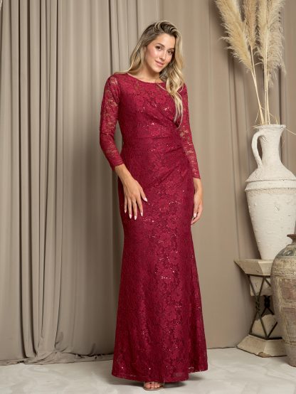 3397 - SHEATH 3/4 SLEEVE LACE DRESS WITH RUCHING DETAILS