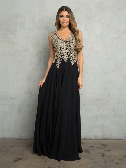 5233 - V-Neck M.O.B Sleeveless Chiffon Gown W/ Metallic Embroidery - Image 3