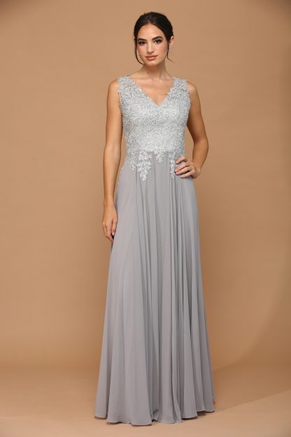 5233 - V-Neck M.O.B Sleeveless Chiffon Gown W/ Metallic Embroidery - Image 5