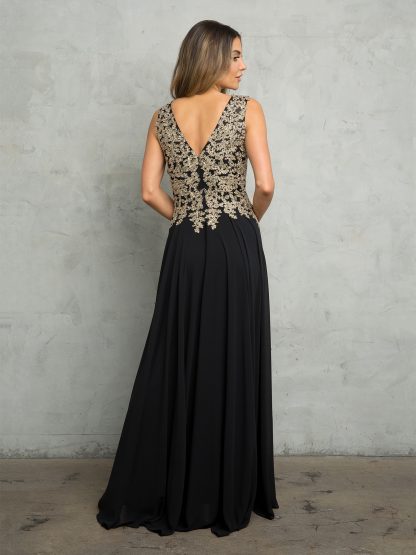 5233 - V-Neck M.O.B Sleeveless Chiffon Gown W/ Metallic Embroidery - Image 4