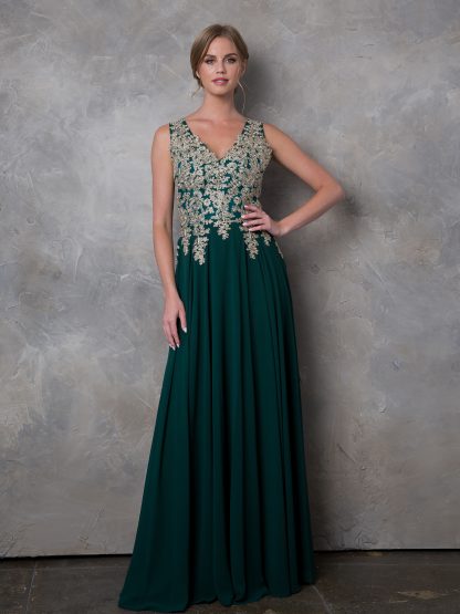5233 - V-Neck M.O.B Sleeveless Chiffon Gown W/ Metallic Embroidery - Image 8